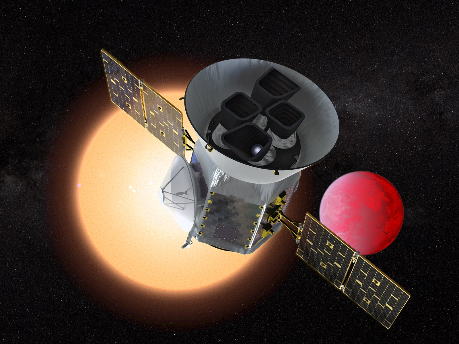 Concepto artístico del satélite TESS de la NASA frente a un planeta de lava orbitando su estrella
